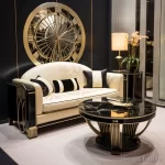 Гостиная в стиле ар-деко, бежевый диван, черный мрамор, золотые акценты, современный дизайн, элегантная мебель.