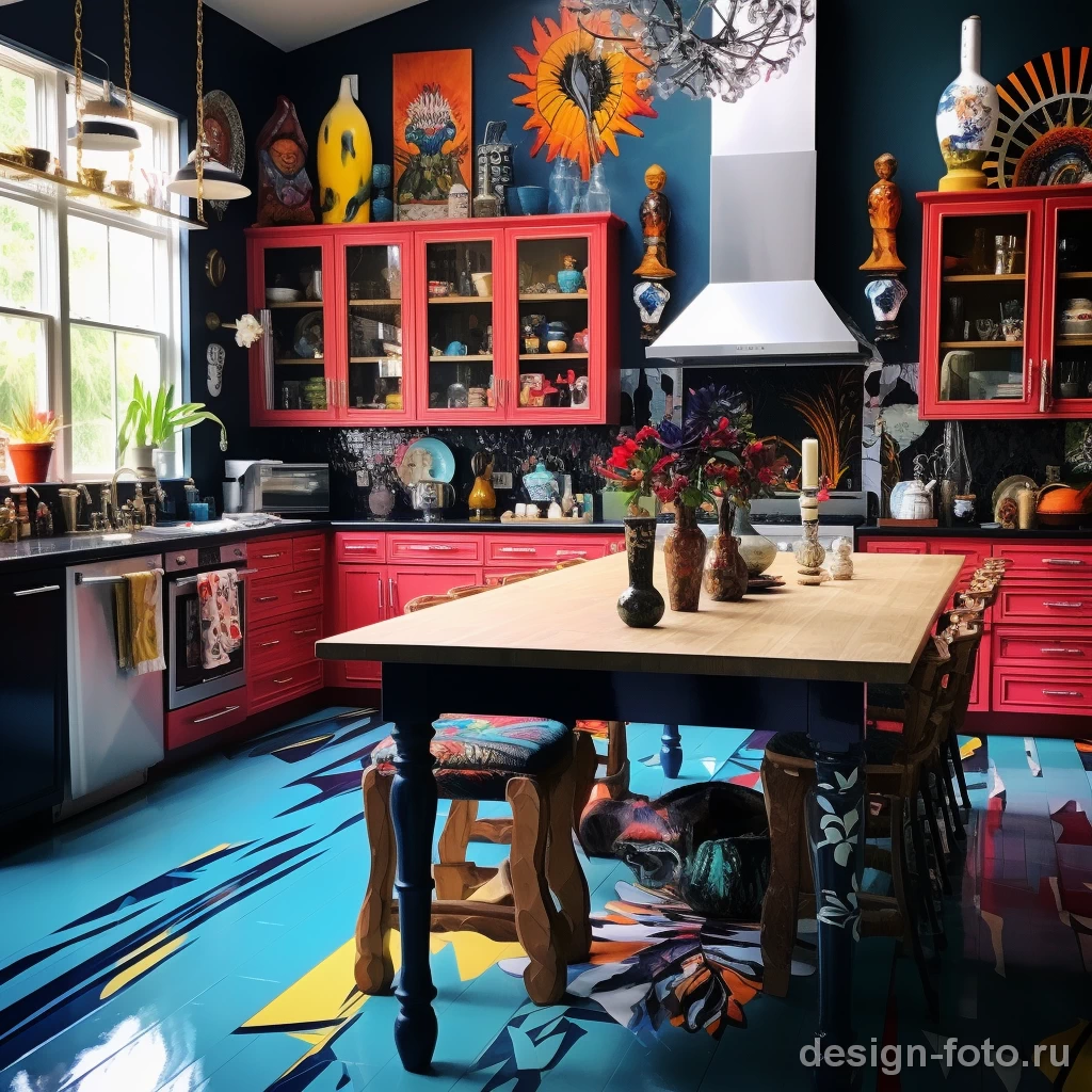 Яркая кухня в стиле бохо: красные фасады и голубой пол