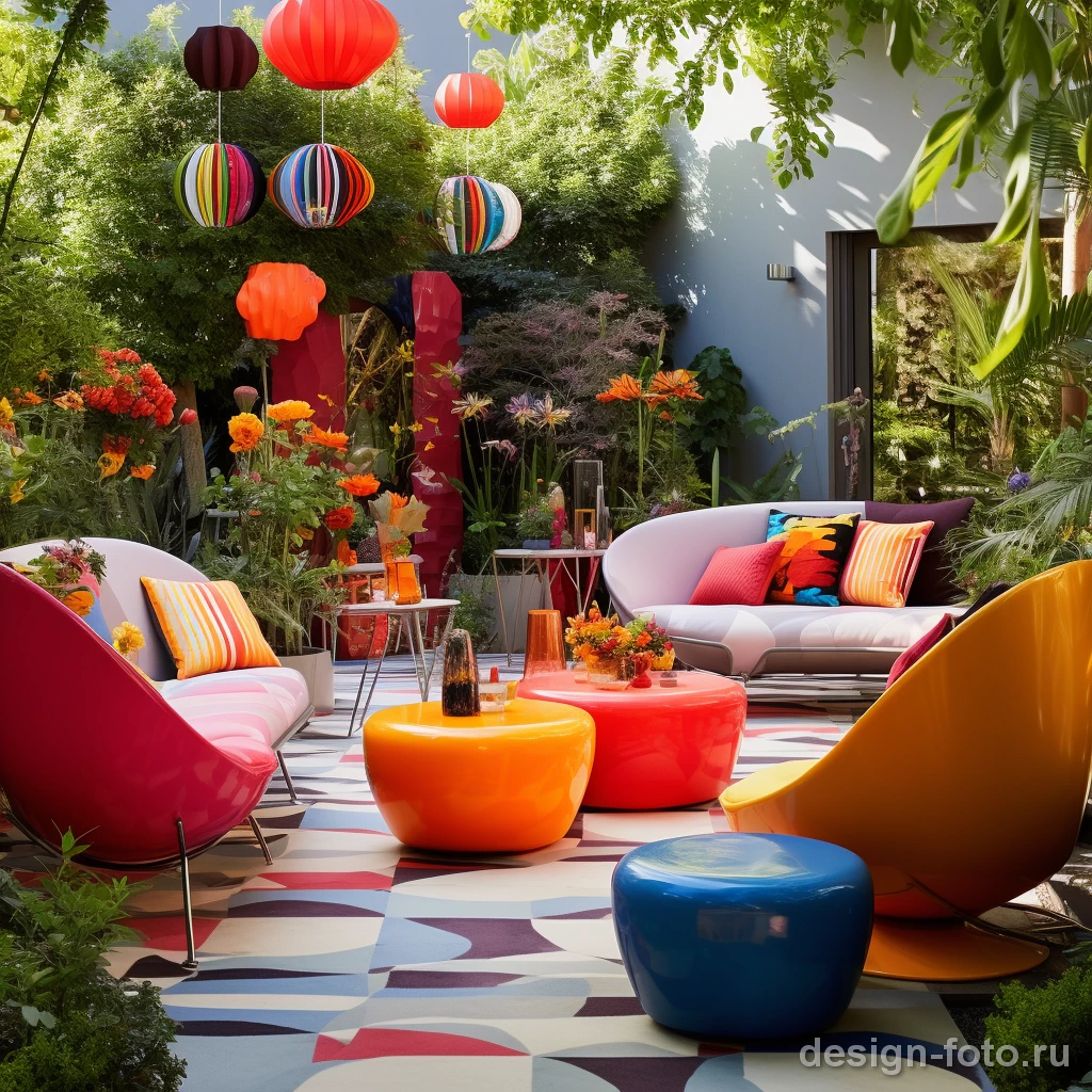 Яркий сад: Эклектичное сочетание цвета и уюта на открытом воздухе
