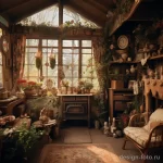Фото интерьера уютной комнаты в стиле кантри с панорамными окнами, растениями, камином и деревянной мебелью. Теплая цветовая гамма.