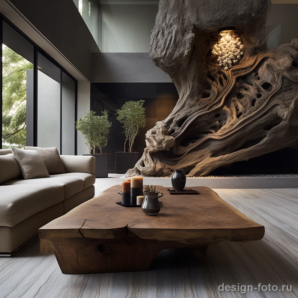 Элегантная гостиная: Гармония дерева и камня в современном интерьере