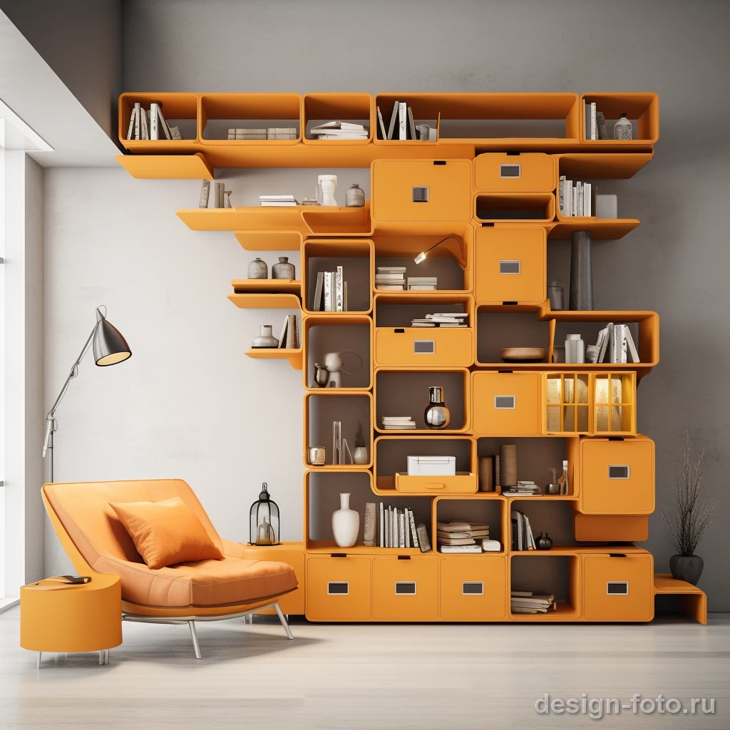 Яркая гостиная с модульной системой хранения