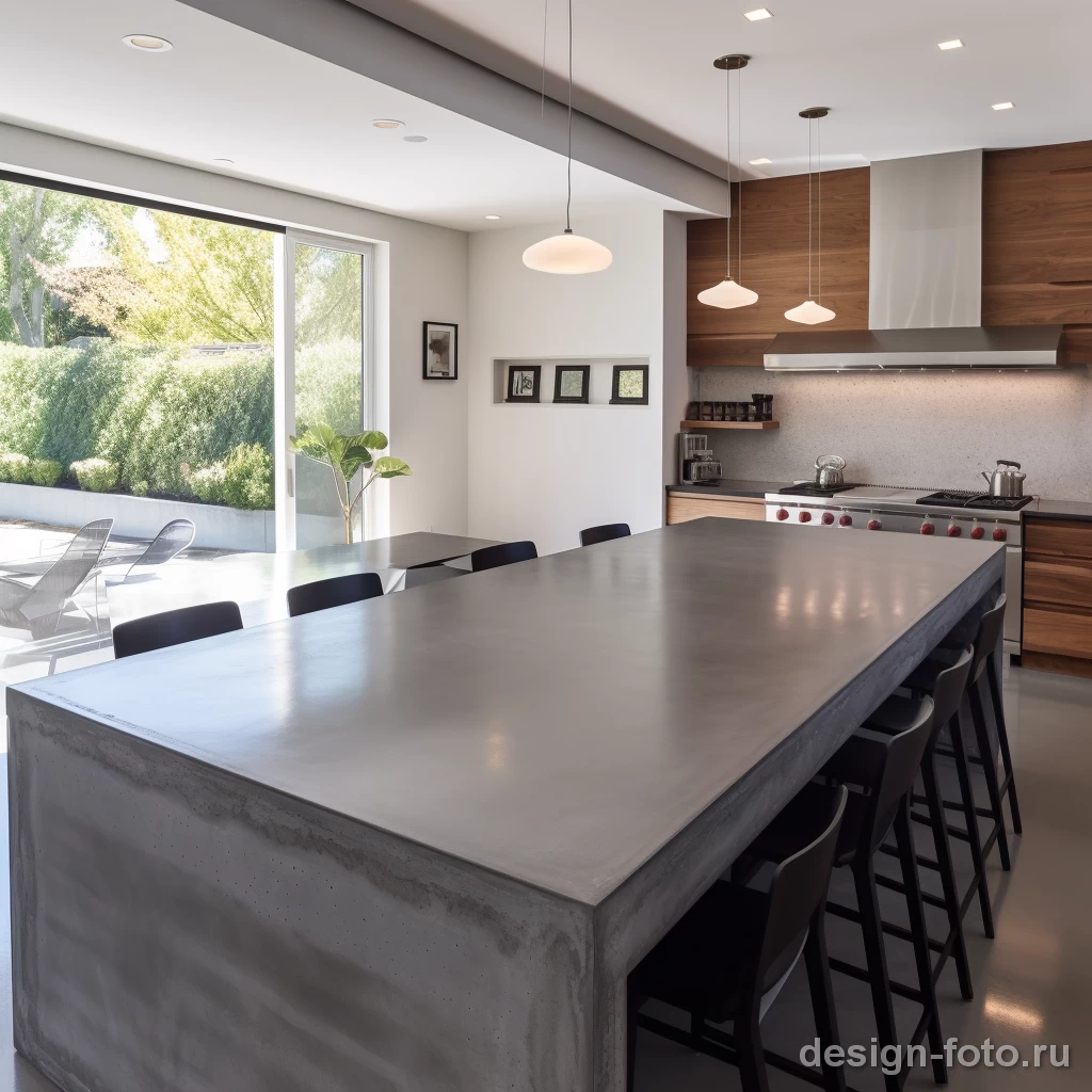 Современная кухня с бетонной столешницей и панорамным видом
