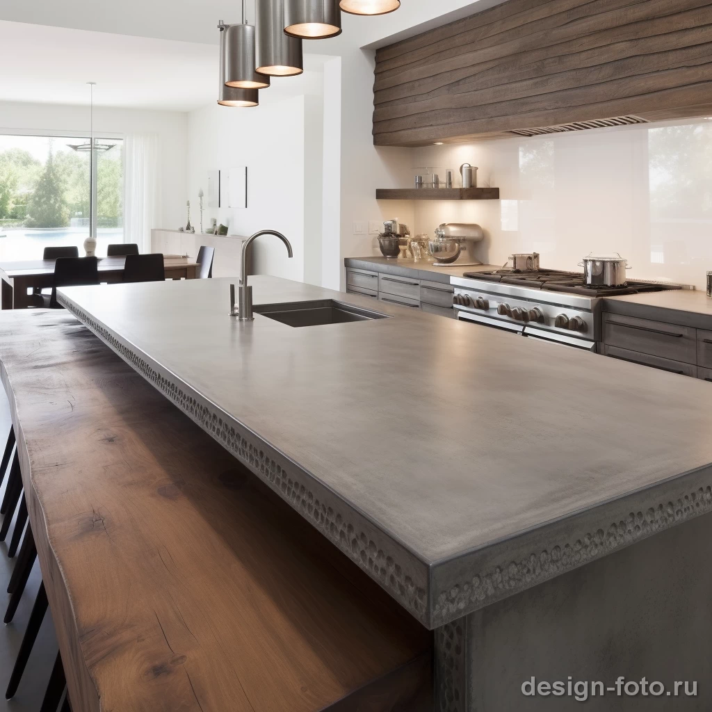 Роскошная кухня в индустриальном стиле с бетонной столешницей и металлическими светильниками