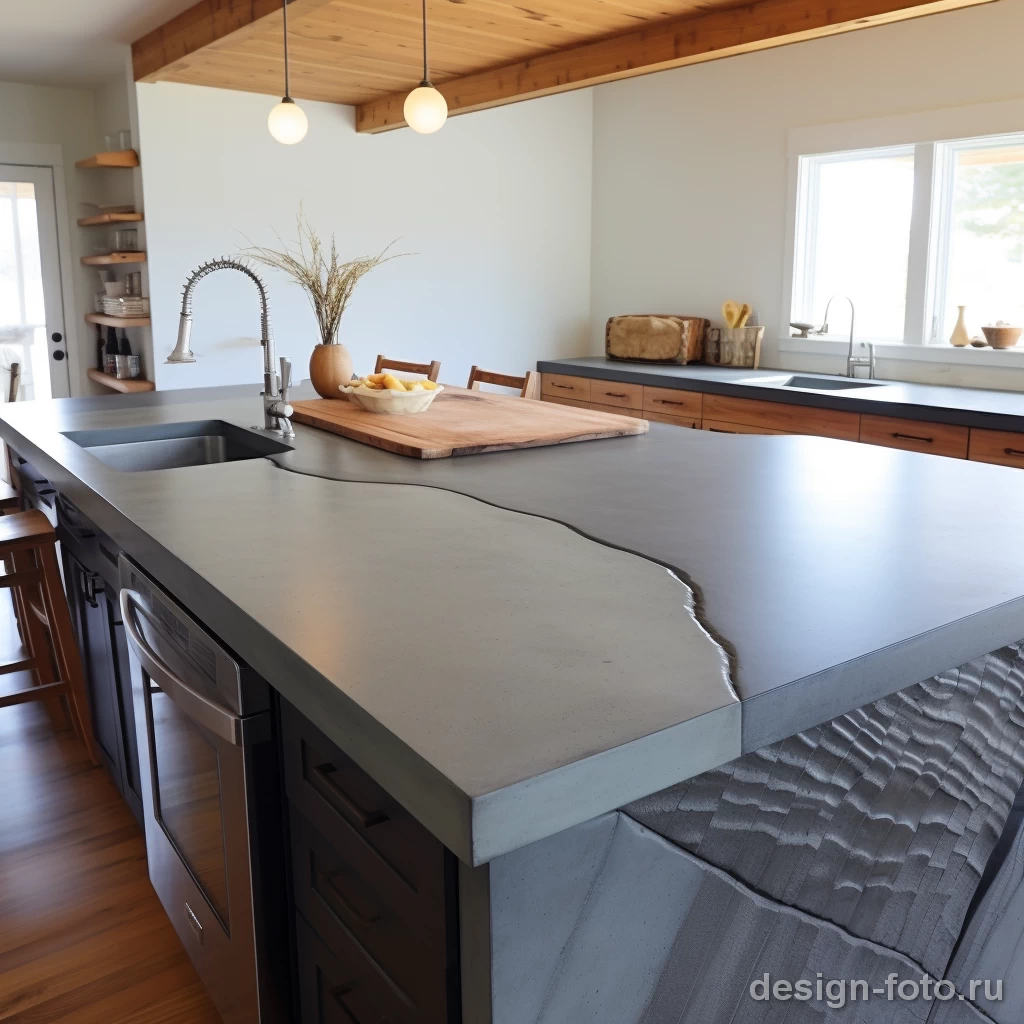 Кухня в стиле минимализм с бетонной столешницей и деревянными акцентами