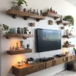 Интерьер детской комнаты, полки, игрушки, декор, современный стиль, яркие цвета, уютный дизайн, функциональность.