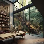 Столовая в современном стиле с панорамным видом, длинным деревянным столом, книжными полками и акцентной стеной.