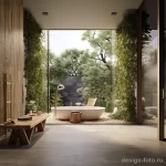 Современная ванная комната с панорамным окном, ванной у окна, деревянной отделкой, живыми растениями и минималистичным дизайном.