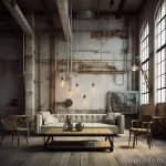 Гостиная, стиль лофт, кирпичная кладка, бетонные стены, мягкий диван, винтажные светильники, большие окна, индустриальный дизайн, современный интерьер.