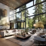 Просторная гостиная в современном стиле с панорамным остеклением, светлой мебелью, деревянным полом и стильным освещением.