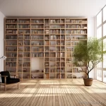 Интерьер домашней библиотеки, деревянные стеллажи, книги, растения, кресло, светлое дерево, естественное освещение, современный дизайн.