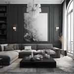 Гостиная в стиле неоклассика, серая цветовая гамма, большой угловой диван, лепнина на стенах, массивная люстра, картина в стиле абстракции, книжные полки.