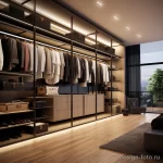 Гардеробная комната в современном стиле, светлое дерево, черные металлические элементы, открытые полки, штанги для одежды, большое окно, винтажные чемоданы.