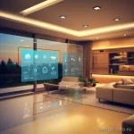 Современная гостиная, панорамные окна, светлый интерьер, умный дом, интерактивная панель, диван, журнальный столик, комнатные растения.