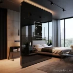 Современная спальня в стиле минимализм с кроватью, интерактивным зеркалом, серыми стенами и деревянными элементами.