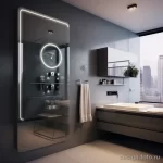 Современная ванная комната в темных тонах с серыми стенами, черной сантехникой, подсветкой и панорамным видом.