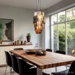 Столовая, современный стиль, деревянный стол, подвесной светильник, картина, растения, дизайн интерьера.