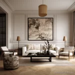 Гостиная в стиле французской провинции с белым диваном, креслами, ковром, картиной и люстрой.