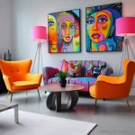 Гостиная в стиле поп-арт, яркая цветовая гамма, оранжевые кресла, фиолетовый диван, картины, напольные светильники, ковер.