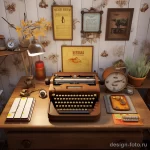 Кабинет в ретро-стиле, белые стены, винтажная печатная машинка, старинные часы, цветы в горшках, деревянный стол.