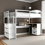 Детская комната, кровать-чердак, белый цвет, рабочее место, современный дизайн, минимализм, функциональность, светлый интерьер.