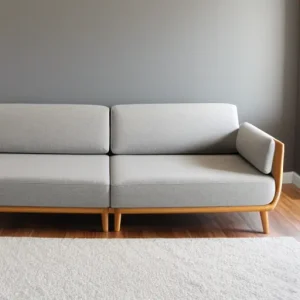 Гостиная в скандинавском стиле, серый диван с деревянными ножками, светлый ковер, минималистичный дизайн, уютный интерьер.