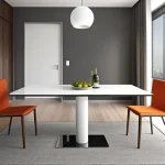 Столовая, современный стиль, белый стол, оранжевые стулья, серая стена, минималистичный дизайн, освещение.