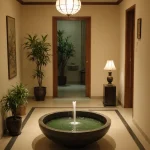 Прихожая в восточном стиле, бежевые тона, фонтан, комнатные растения, декоративная лампа, деревянная дверь.