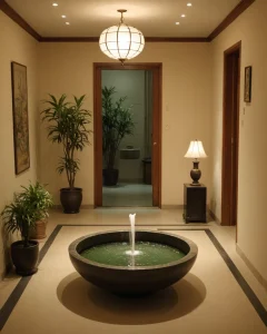 Прихожая в восточном стиле, бежевые тона, фонтан, комнатные растения, декоративная лампа, деревянная дверь.