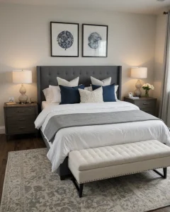 Спальня в современном стиле, серо-синяя цветовая гамма, большая кровать с изголовьем, прикроватные тумбочки, декоративные подушки, ковер.