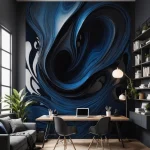 Кабинет, акцентная стена с абстрактным рисунком, письменный стол, кресла, книжные полки, современный дизайн.