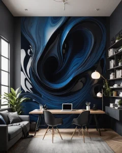 Кабинет, акцентная стена с абстрактным рисунком, письменный стол, кресла, книжные полки, современный дизайн.