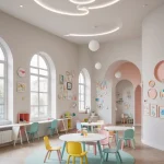 Детская комната, пастельные тона, круглый ковер, детская мебель, арки, декор, современный дизайн.