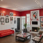 Гостиная в стиле поп-арт, красные стены, красный диван, картины, камин, современный дизайн.