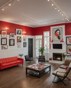Гостиная в стиле поп-арт, красные стены, красный диван, картины, камин, современный дизайн.