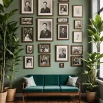 Гостиная в ретро-стиле, зеленые стены, винтажный диван, фотографии на стенах, растения, ковер, уютный интерьер.