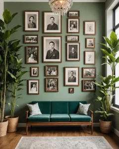 Гостиная в ретро-стиле, зеленые стены, винтажный диван, фотографии на стенах, растения, ковер, уютный интерьер.