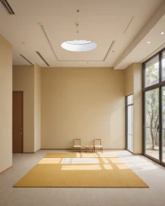 Гостиная в стиле минимализм, бежевая цветовая гамма, два кресла, ковер, большие окна, современный дизайн.