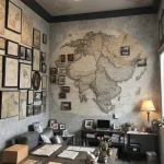 Кабинет, карта мира на стене, письменный стол, кресло, книжные полки, винтажный декор, темные тона.