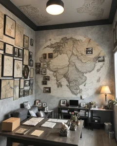 Кабинет, карта мира на стене, письменный стол, кресло, книжные полки, винтажный декор, темные тона.