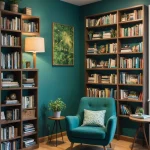 Уголок для чтения, книжные полки, кресло, зеленые стены, растения, настольная лампа, уютный интерьер.
