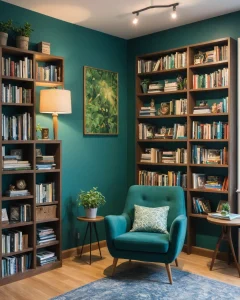 Уголок для чтения, книжные полки, кресло, зеленые стены, растения, настольная лампа, уютный интерьер.
