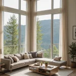 Гостиная с панорамными окнами, серый диван, деревянный журнальный столик, ковер, растения, вид на горы, современный дизайн.