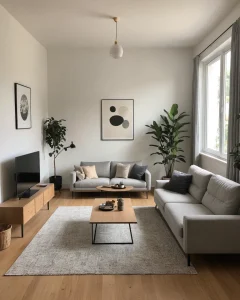 Гостиная в скандинавском стиле, светлая цветовая гамма, серый диван, деревянный журнальный столик, растения, минималистичный декор.