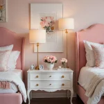 Спальня в стиле шебби-шик, розовые тона, две кровати, прикроватные тумбочки, картины с цветами, текстиль с цветочным принтом.