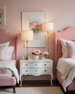 Спальня в стиле шебби-шик, розовые тона, две кровати, прикроватные тумбочки, картины с цветами, текстиль с цветочным принтом.