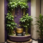 Интерьер с живой стеной, вертикальное озеленение, водопад, растения в горшках, современный дизайн, фиолетовые акценты.