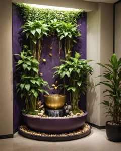 Интерьер с живой стеной, вертикальное озеленение, водопад, растения в горшках, современный дизайн, фиолетовые акценты.