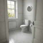 Туалет в викторианском стиле, светлые тона, белая сантехника, декоративная плитка, окно, зеркало, классический дизайн.