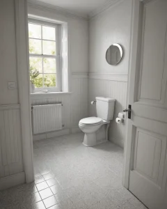 Туалет в викторианском стиле, светлые тона, белая сантехника, декоративная плитка, окно, зеркало, классический дизайн.